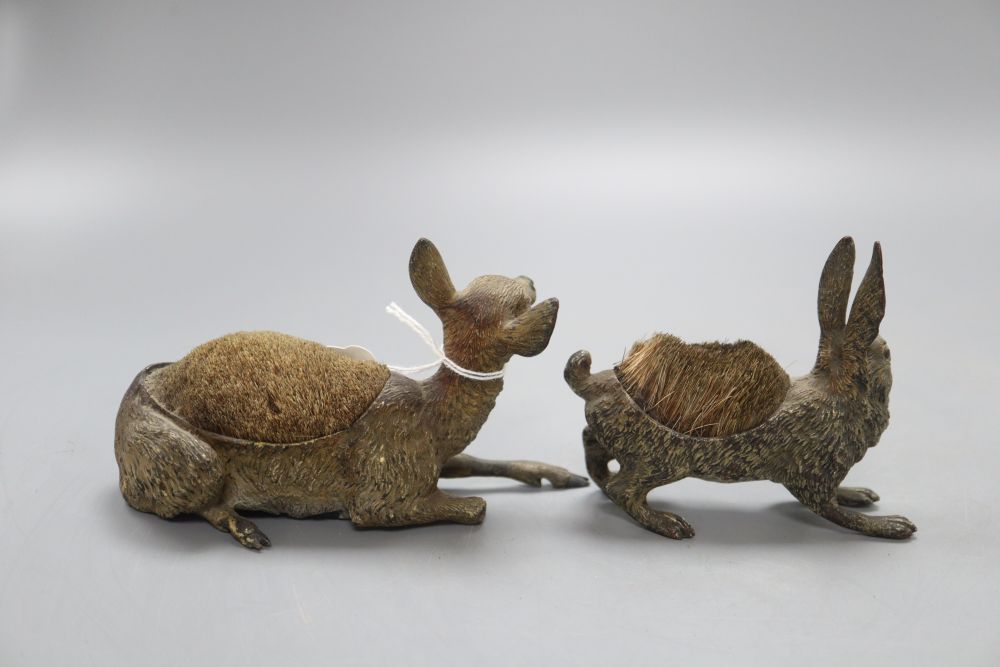 Two Viennese cold painted bronze pen wipes modelled as a deer and a rabbit, tallest 8cm